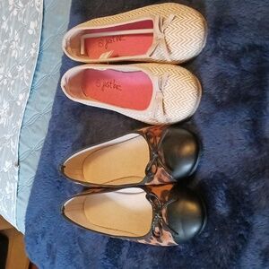 Ballet flats, 2 pairs, 1 black and tan animal print, 1 tan. Both size 7.